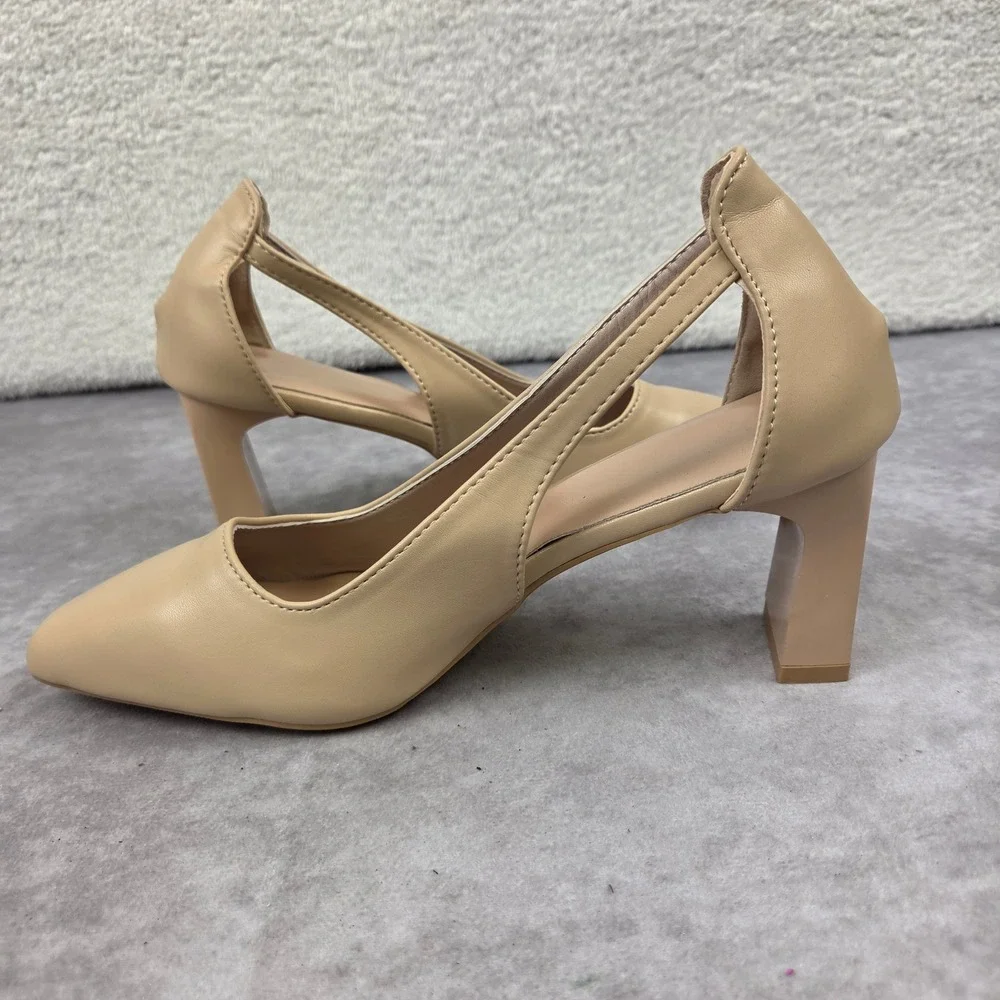 Nude Beige Pointed Toe Block Heel Pumps with Side Cutouts Size 6.5
